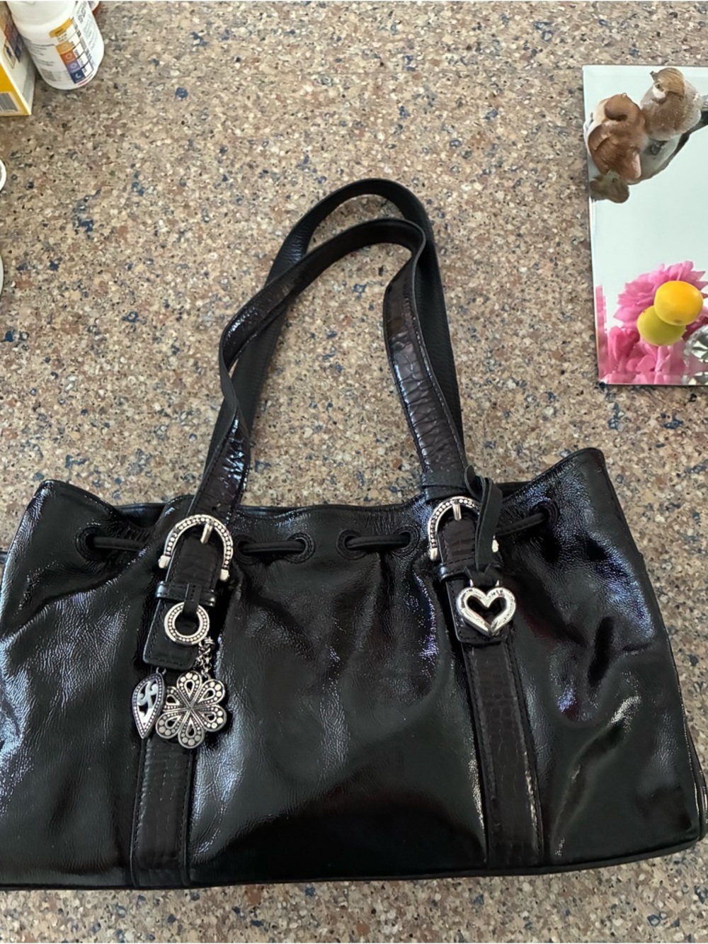 Black Brighton Patent Leather purse with Heart and Clover Charms